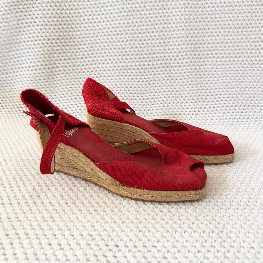 Castaner Red Peep Toe Canvas Ankle Strap Platform Wedge Espadrille Sandals 38